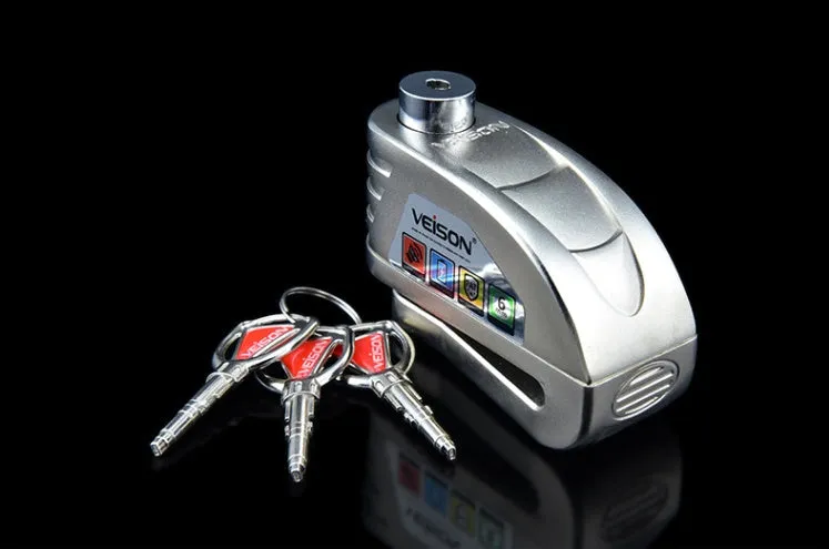VEISON waterproof alloy disc brake alarm lock with 3 keys in black colour on a white background