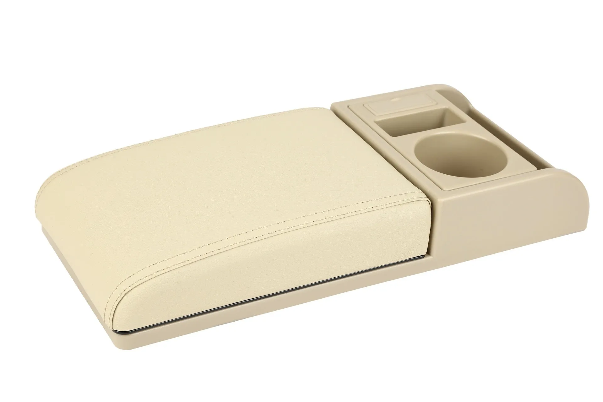 Universal car centre console armrest cover with height increase in black PU leather with red cord detailing