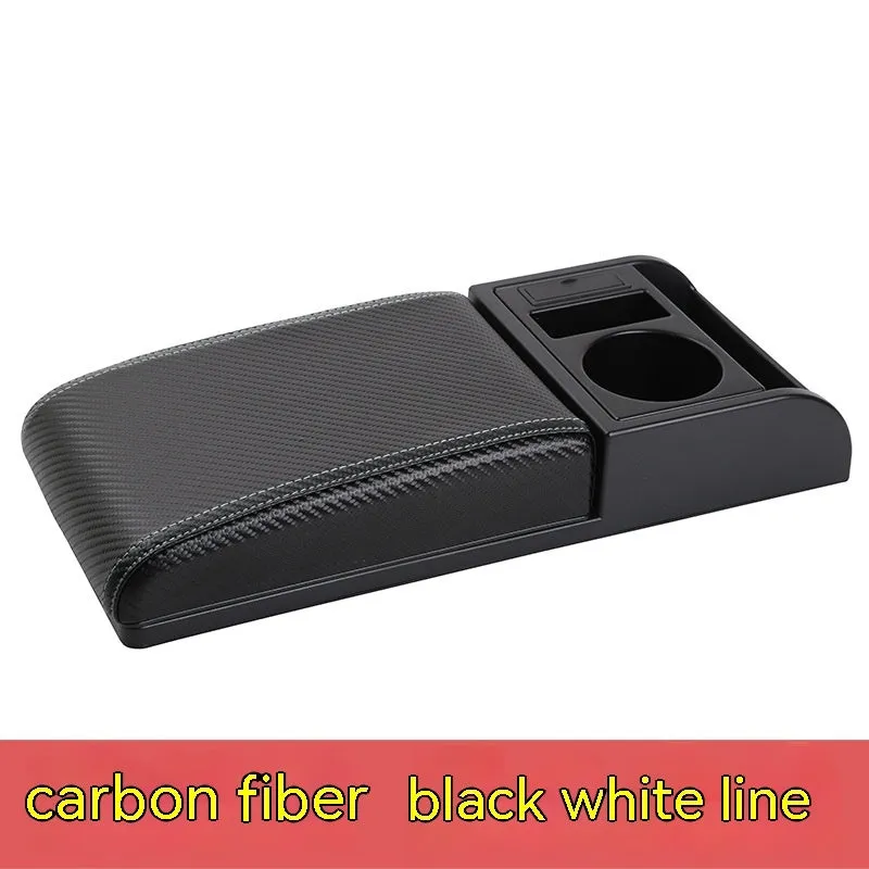 Universal car centre console armrest cover with height increase in black PU leather with red cord detailing