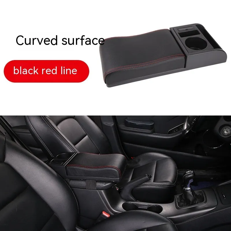 Universal car centre console armrest cover with height increase in black PU leather with red cord detailing