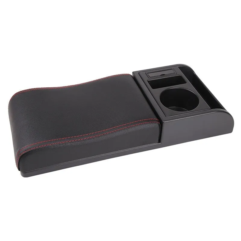 Universal car centre console armrest cover with height increase in black PU leather with red cord detailing