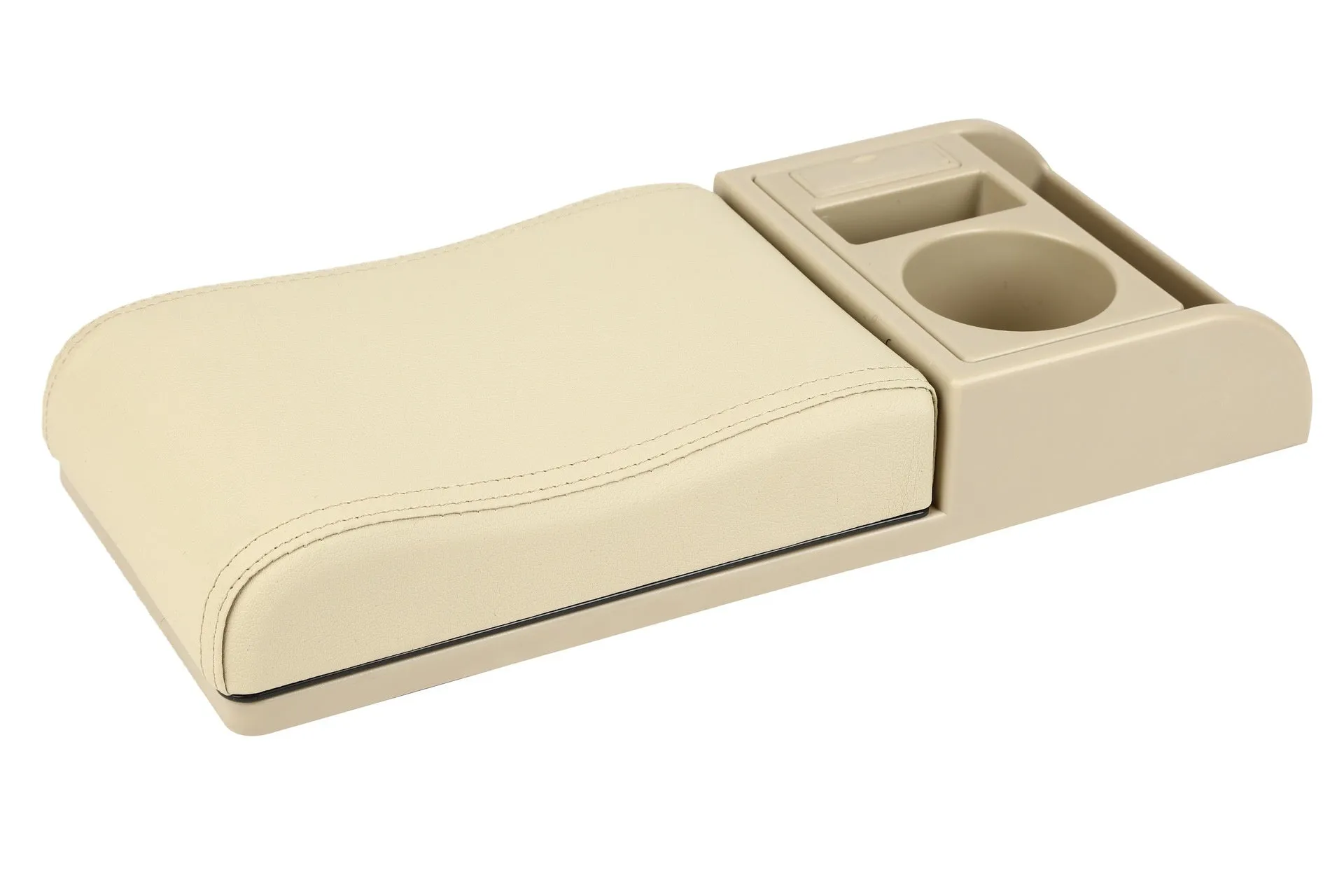 Universal car centre console armrest cover with height increase in black PU leather with red cord detailing