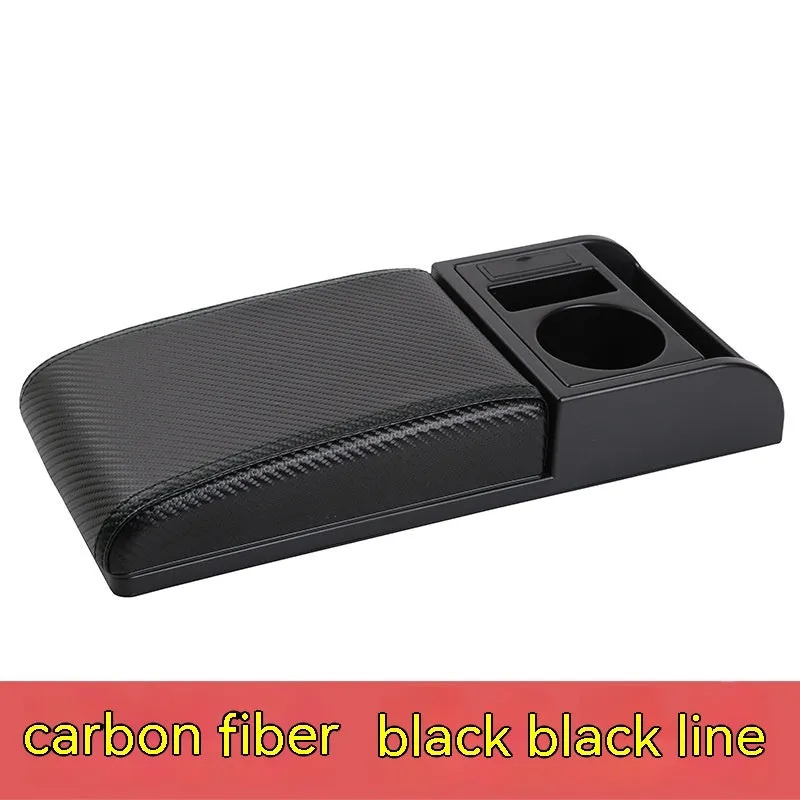 Universal car centre console armrest cover with height increase in black PU leather with red cord detailing