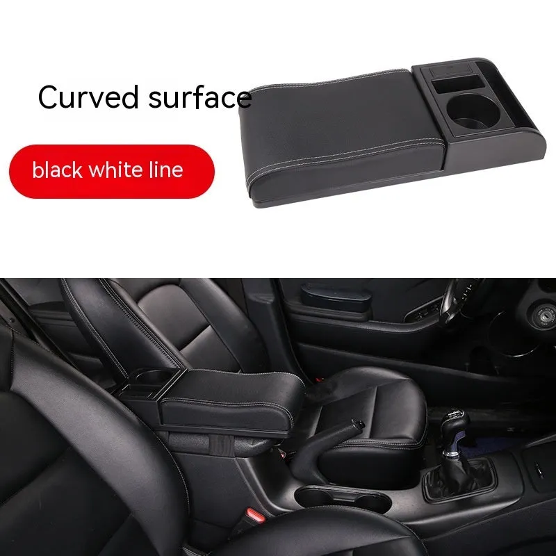 Universal car centre console armrest cover with height increase in black PU leather with red cord detailing