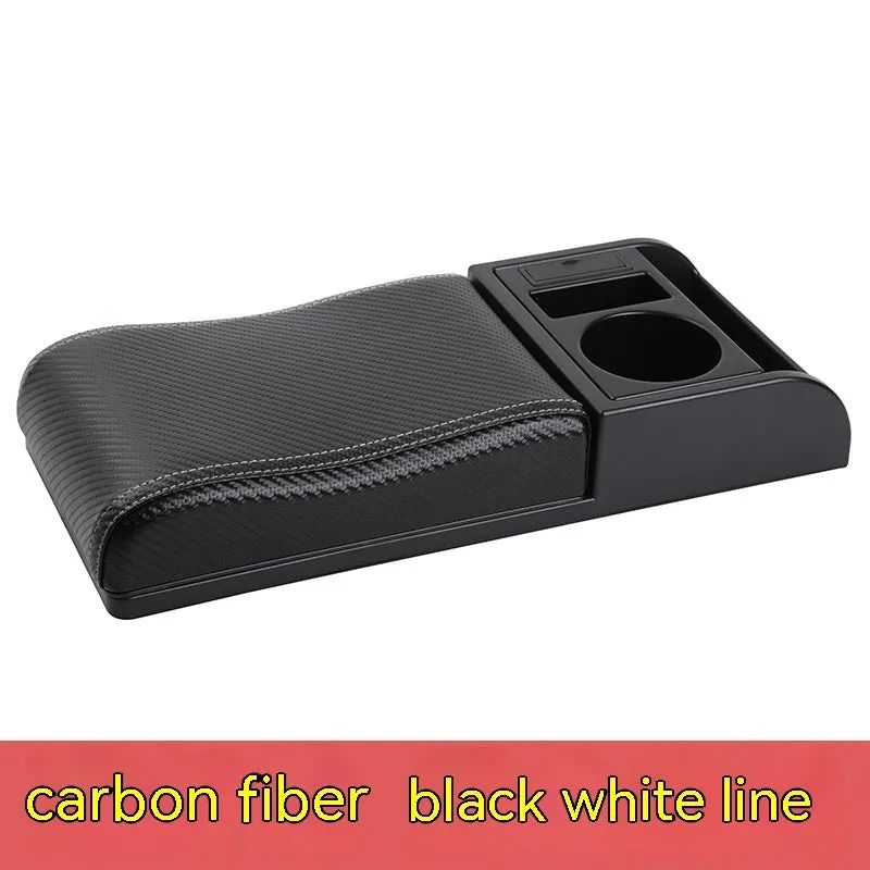 Universal car centre console armrest cover with height increase in black PU leather with red cord detailing