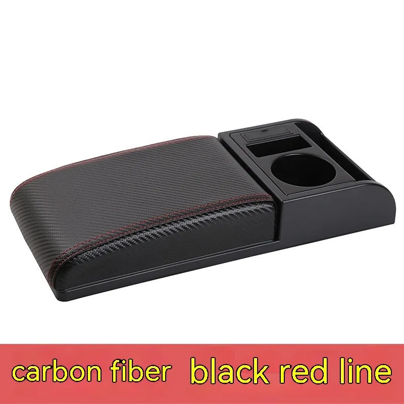 Universal car centre console armrest cover with height increase in black PU leather with red cord detailing