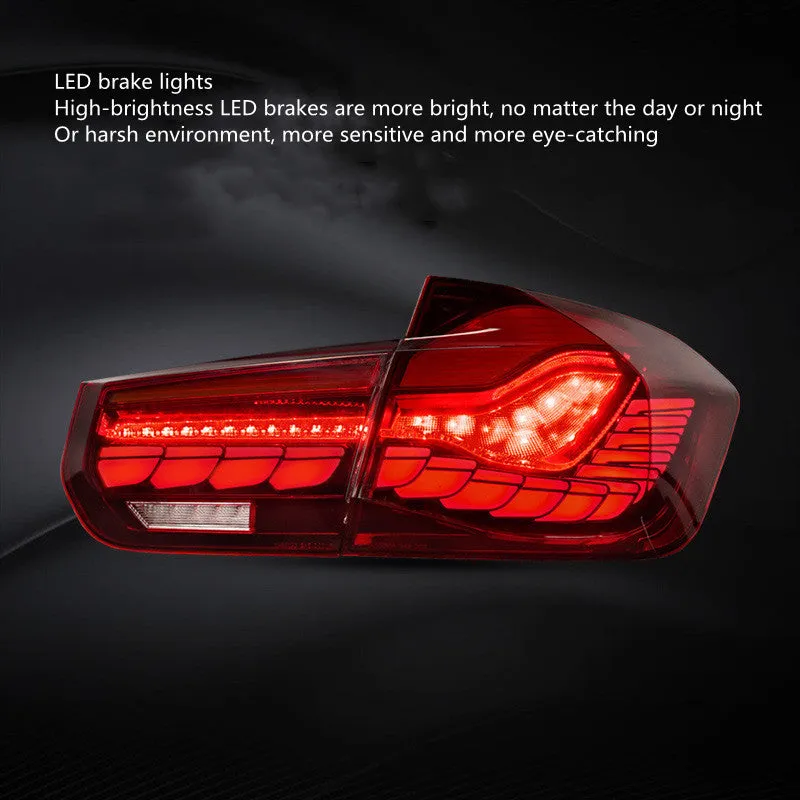 BMW 3 Series F30 F35 LED taillight assembly with red mirror cover, polycarbonate construction, size 540x400x240mm