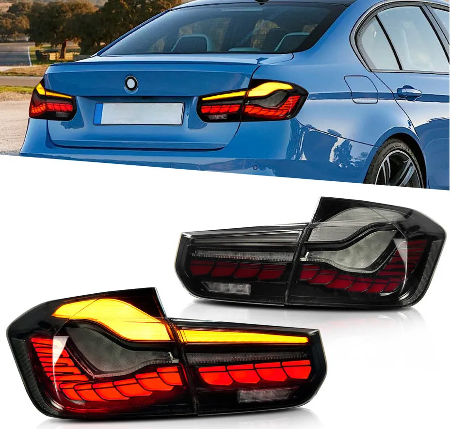 BMW 3 Series F30 F35 LED taillight assembly with red mirror cover, polycarbonate construction, size 540x400x240mm
