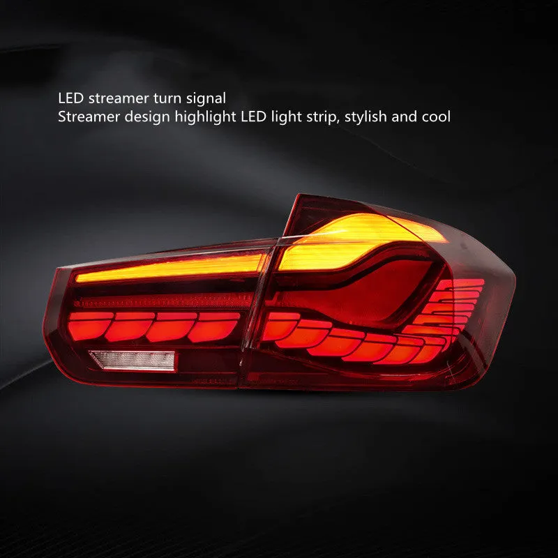 BMW 3 Series F30 F35 LED taillight assembly with red mirror cover, polycarbonate construction, size 540x400x240mm