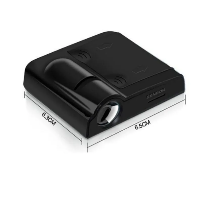 Two black wireless car LED welcome door projection laser lights showing a 3D logo projected onto the ground
