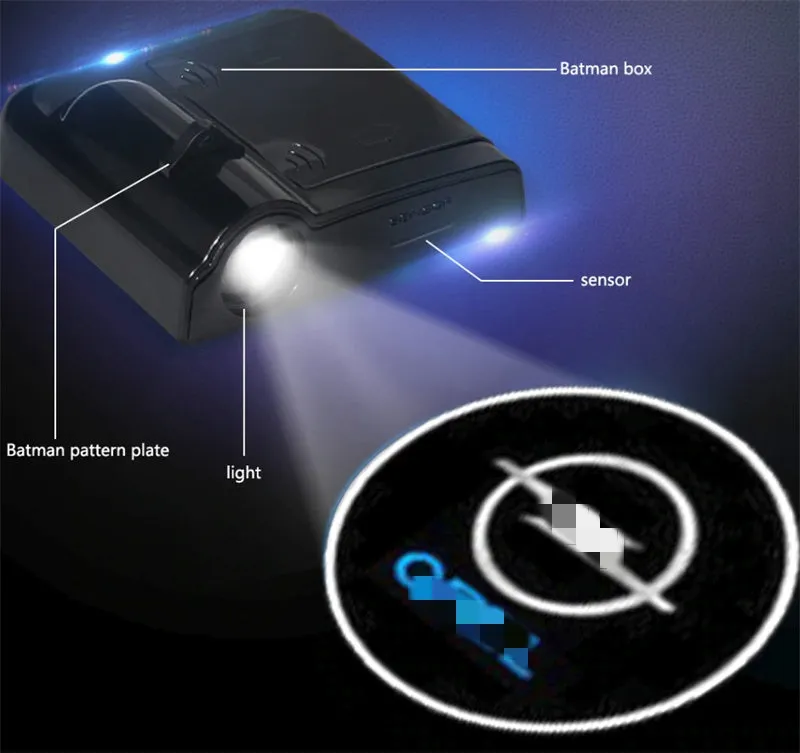 Two black wireless car LED welcome door projection laser lights showing a 3D logo projected onto the ground