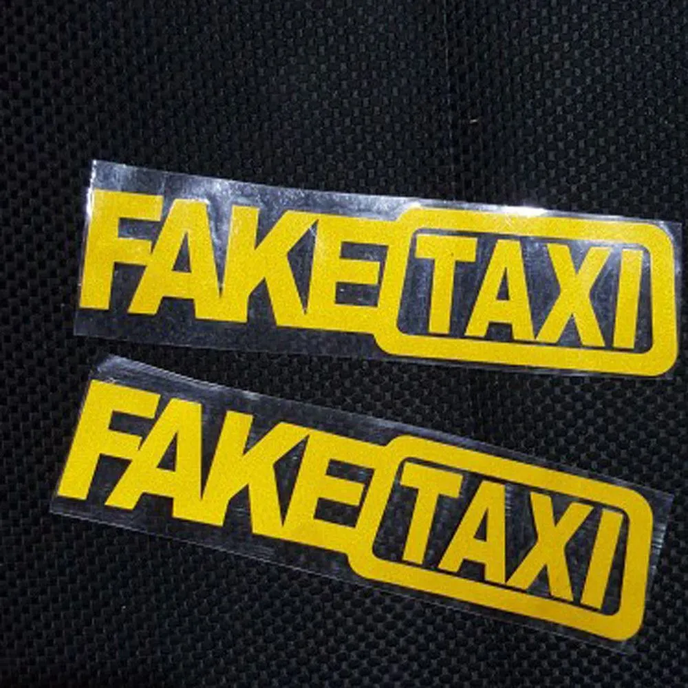 Fake Taxi drifting sign funny car sticker in black, 20x4.8cm on a car panel