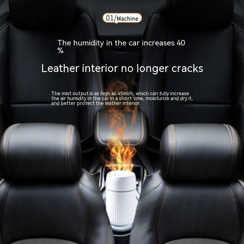 Car aroma diffuser with flame simulation effect showing black and white colour options