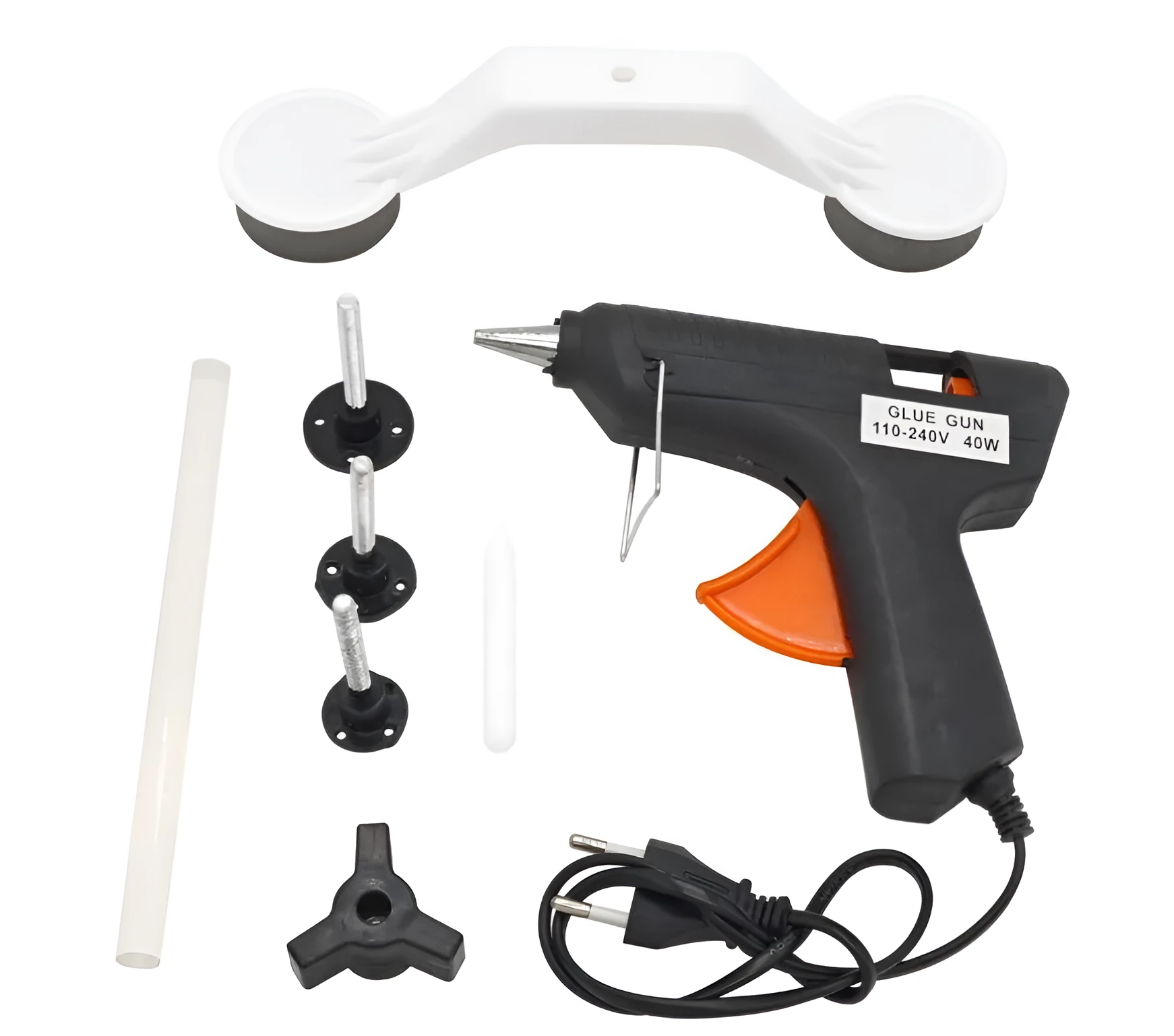 Car body dent repair tool kit with plastic glue gun, holder, glue stick, and three traction strips, 250V EU/US plug