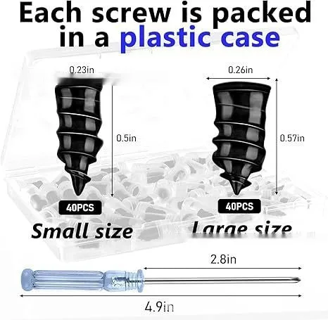 Rubber screws tyre repair kit with 50 large and 50 small screws and black screwdriver on a workbench