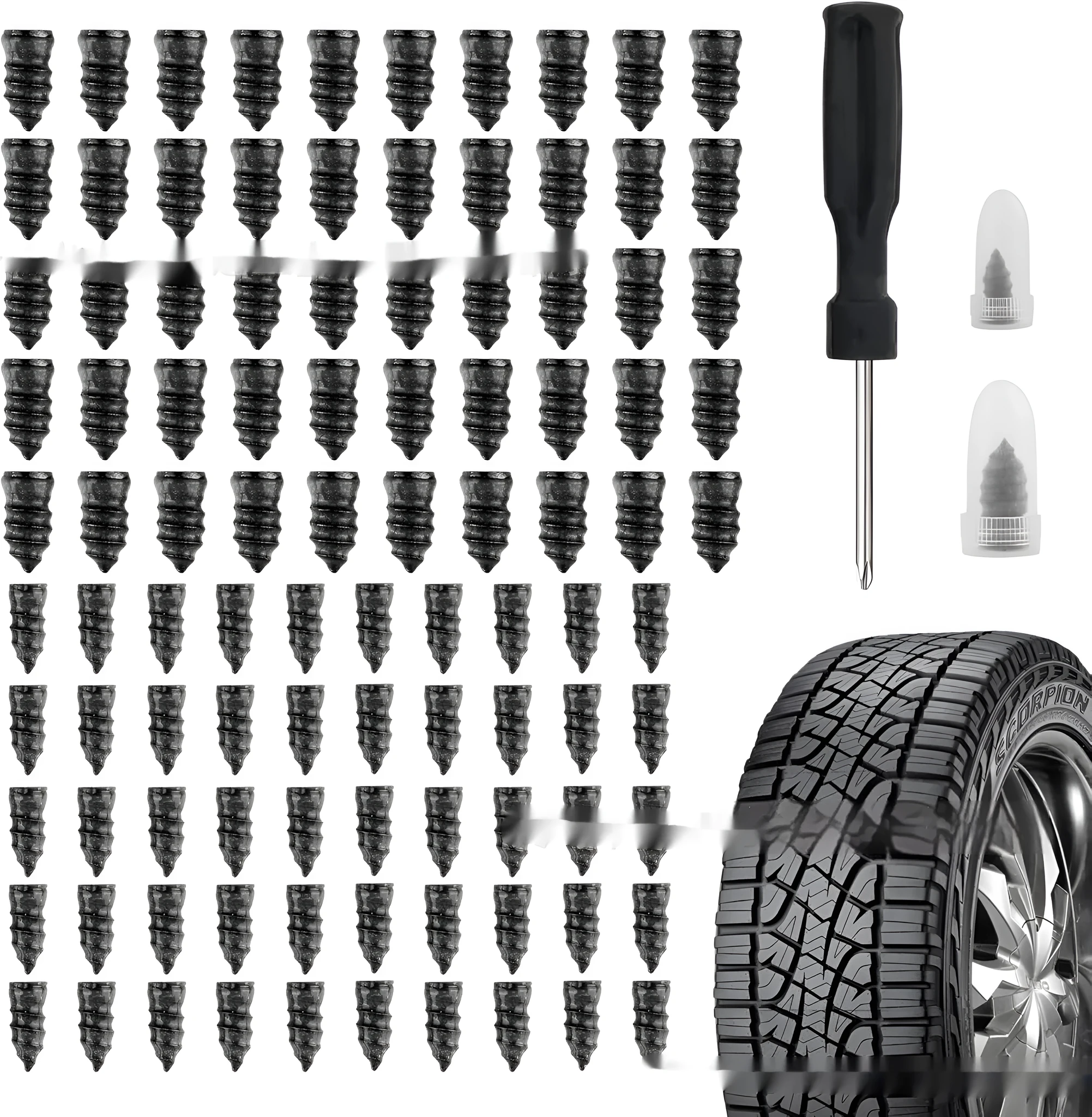 Rubber screws tyre repair kit with 50 large and 50 small screws and black screwdriver on a workbench