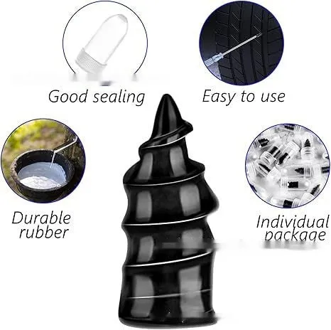 Rubber screws tyre repair kit with 50 large and 50 small screws and black screwdriver on a workbench