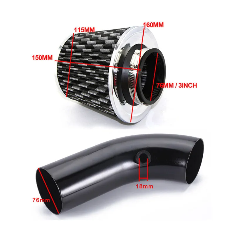 Car high flow air intake package with mushroom head filter and aluminium alloy pipe in carbon fibre pattern