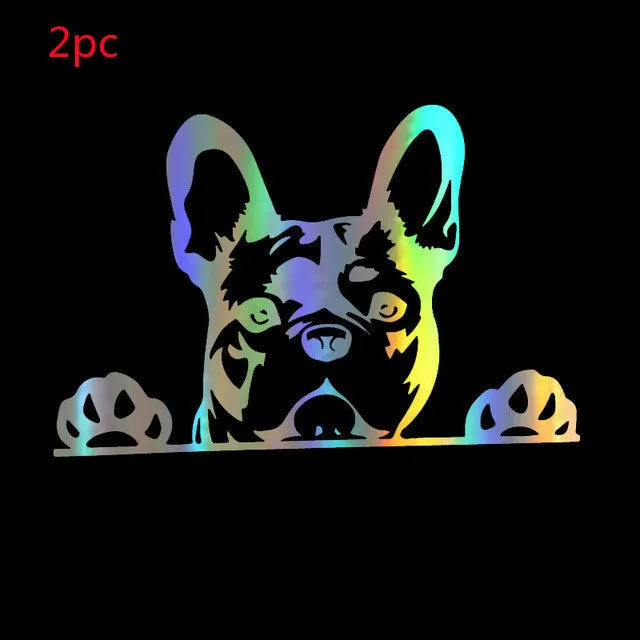 Two reflective dog pattern car stickers in black white and colourful, 15.6x10.4 cm, for rear window scratch cover