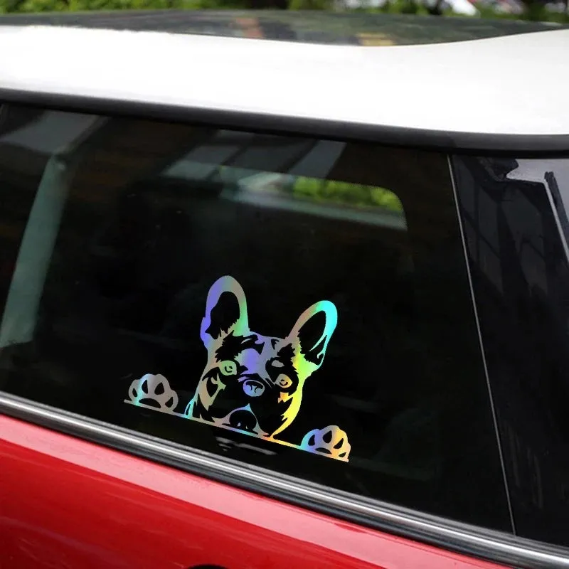 Two reflective dog pattern car stickers in black white and colourful, 15.6x10.4 cm, for rear window scratch cover