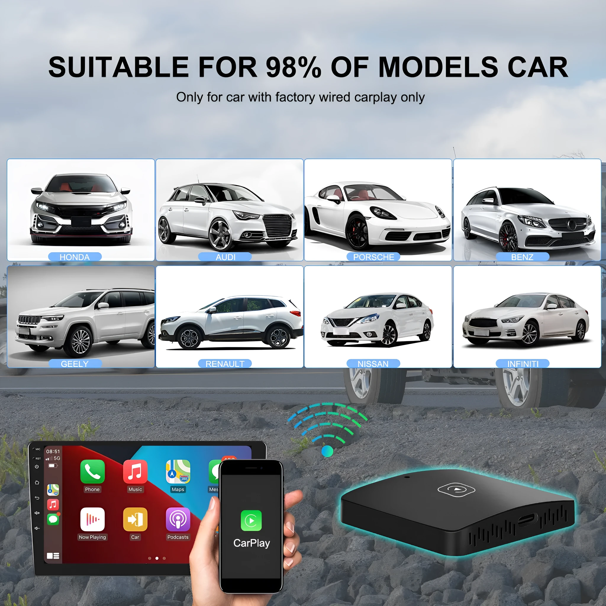 Black wireless CarPlay module with connection cables for converting wired car systems to wireless operation