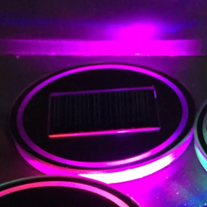 Solar powered LED cup mat with auto glow, BPA-free acrylic, diameter 7.2cm, in blue, green, pink, red options