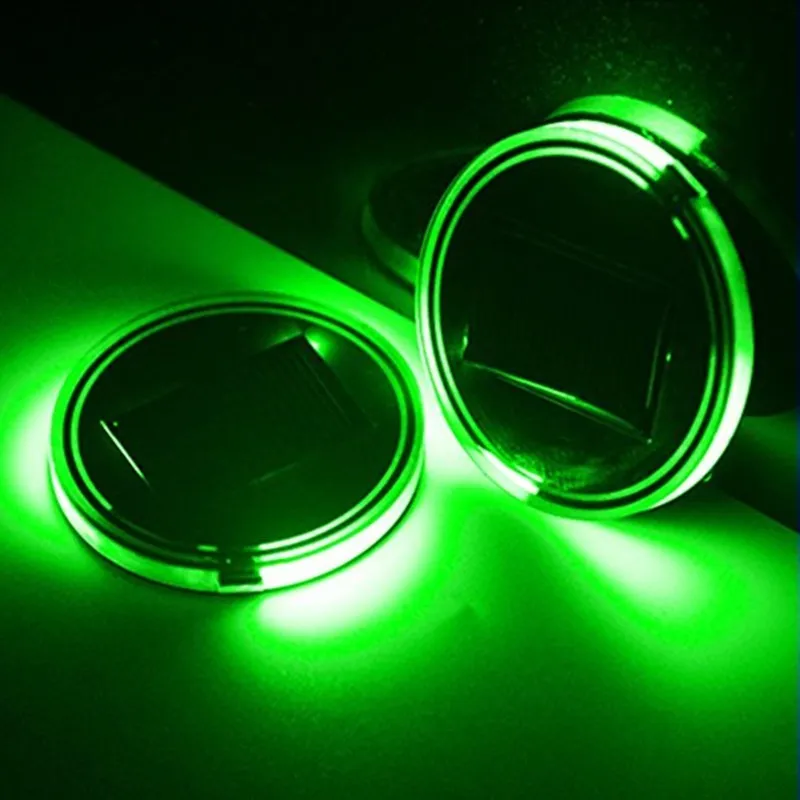 Solar powered LED cup mat with auto glow, BPA-free acrylic, diameter 7.2cm, in blue, green, pink, red options