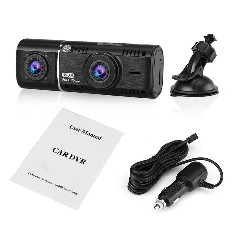 HD conjoined dual-lens car driving recorder in black with 170° wide angle, 12MP, windscreen mount