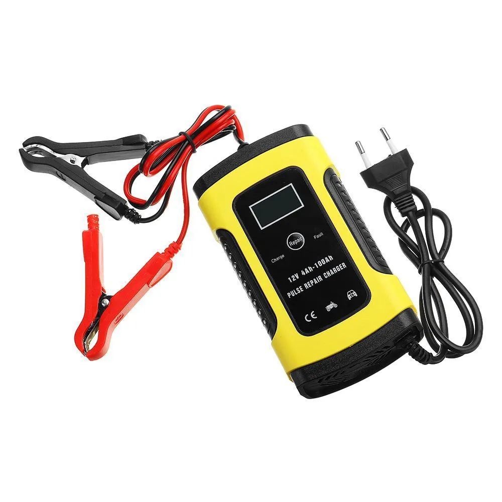 12V 6A LCD battery charger in black with compact casing and display screen