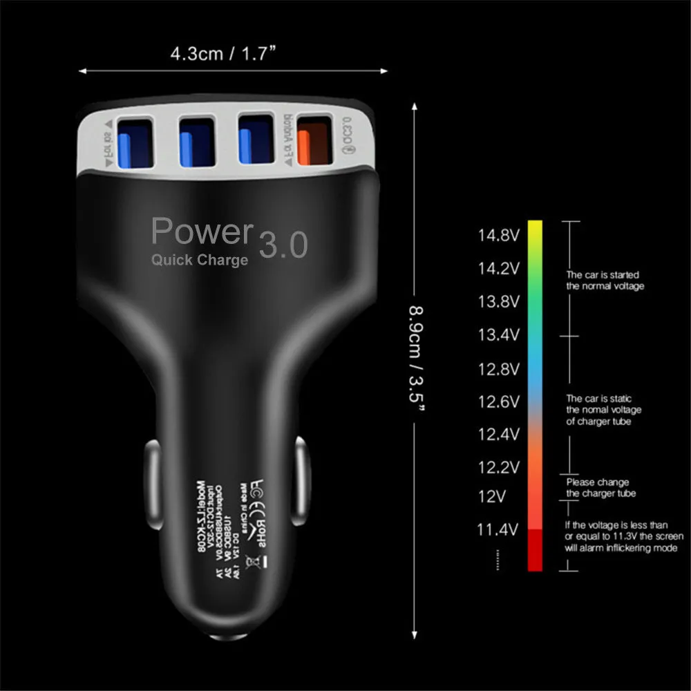 Car 4USB charger with PC fire-resistant material, black, showing four USB ports