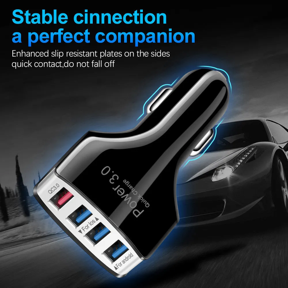 Car 4USB charger with PC fire-resistant material, black, showing four USB ports