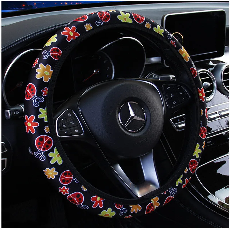 Beetle printed milk silk car steering wheel cover in blue, universal 37-38cm fit