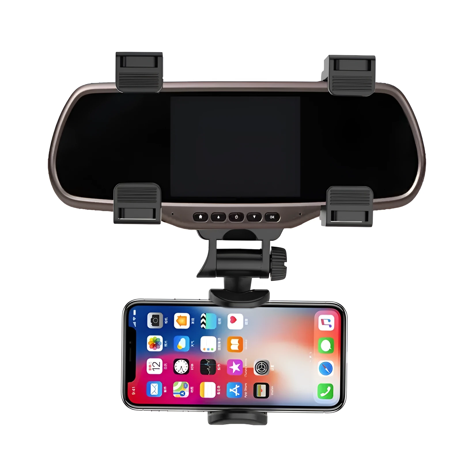 Black car rearview mirror phone holder V68200 with buckle-type fixing attached to a car mirror