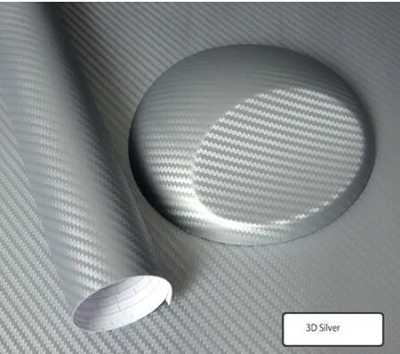 3D carbon fiber vinyl film car sticker roll in black texture with air guide groove visible on adhesive side