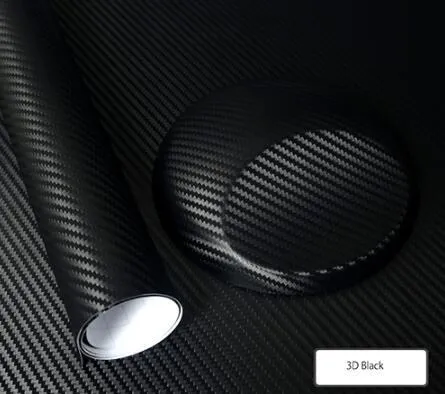 3D carbon fiber vinyl film car sticker roll in black texture with air guide groove visible on adhesive side