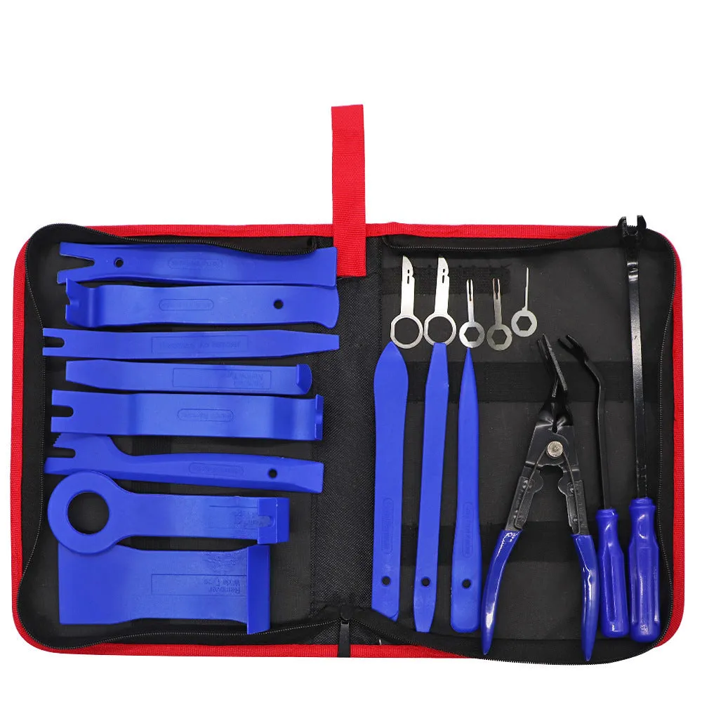 Plastic 19 piece car radio panel trim dashboard removal set with POM nylon skid boards in blue and red