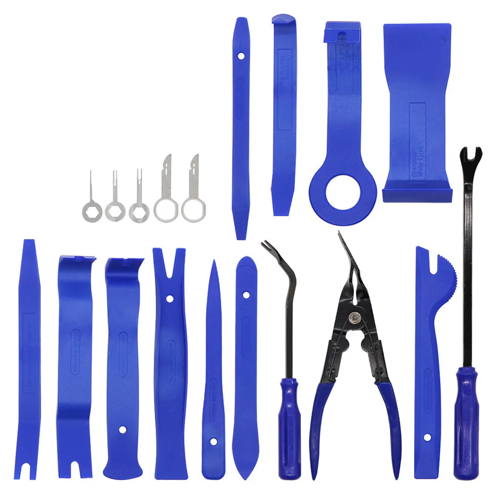Plastic 19 piece car radio panel trim dashboard removal set with POM nylon skid boards in blue and red