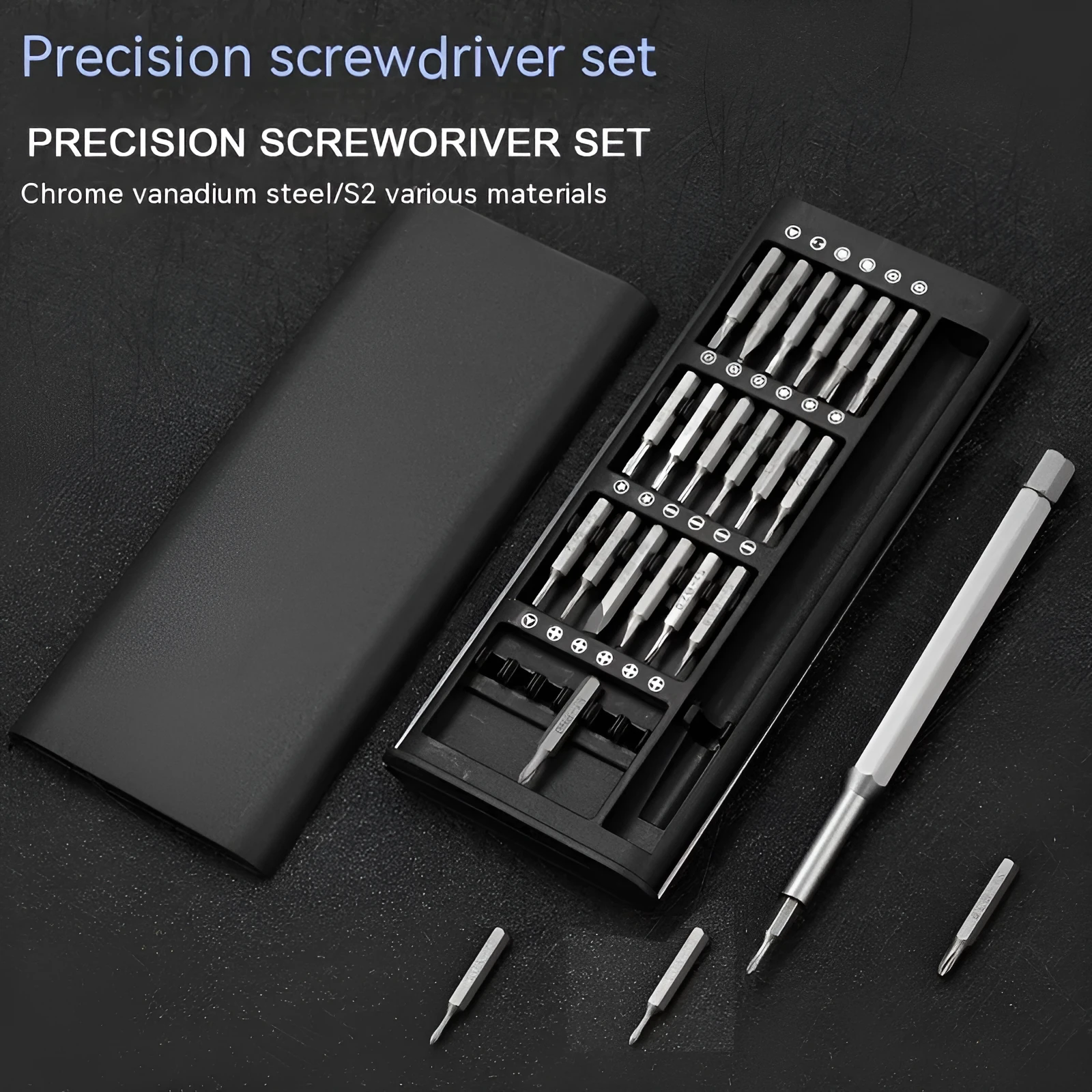 24-in-1 magnetic precision screwdriver set with bits, chrome vanadium steel shaft, and aluminium/plastic handles.