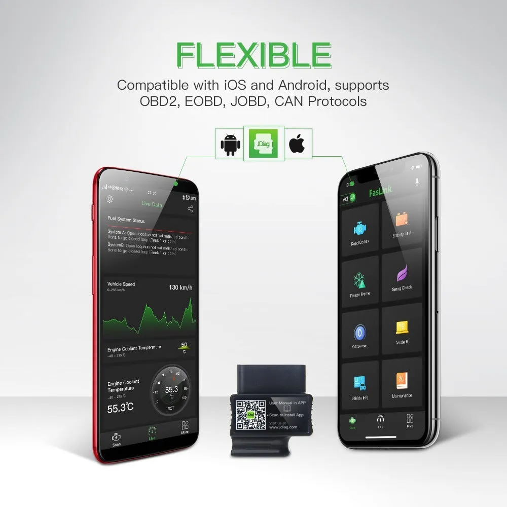 FasLink M2 OBD2 Bluetooth 4.0 voice diagnostic scanner with logo LED indicator and non-slip shell