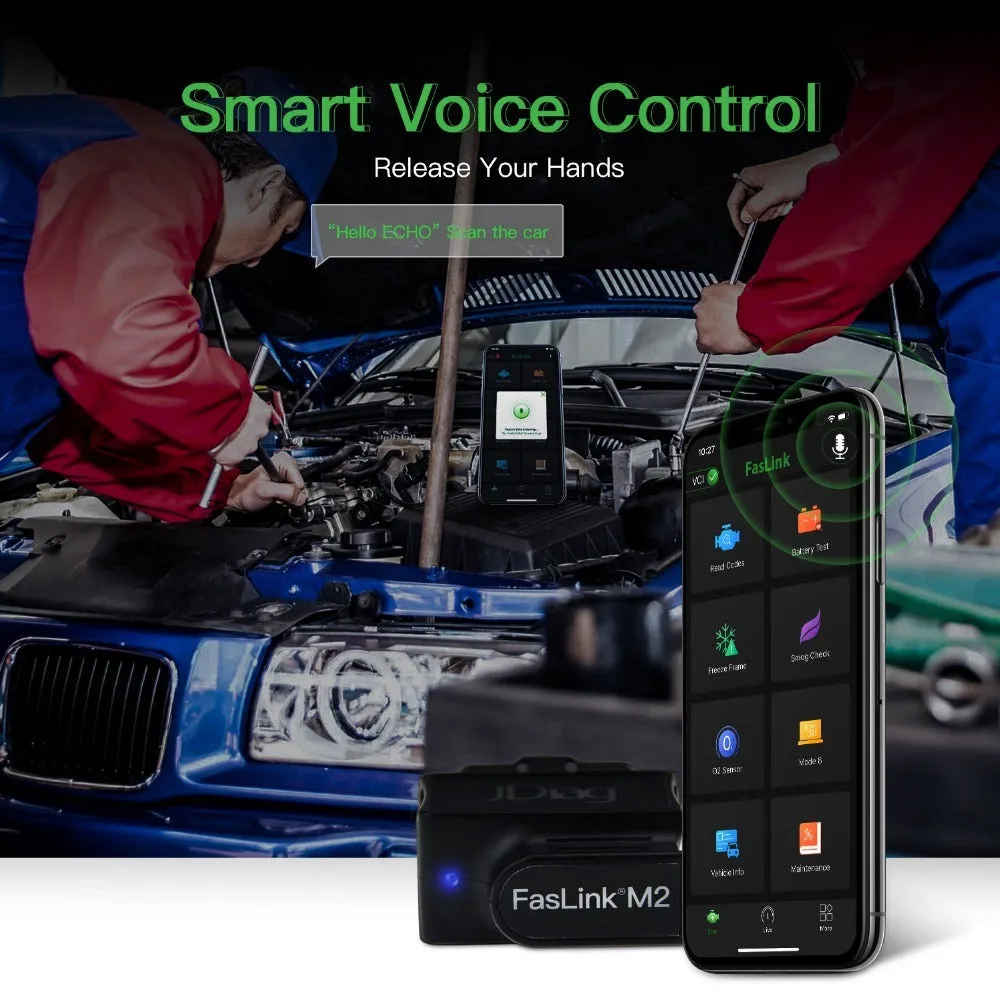 FasLink M2 OBD2 Bluetooth 4.0 voice diagnostic scanner with logo LED indicator and non-slip shell