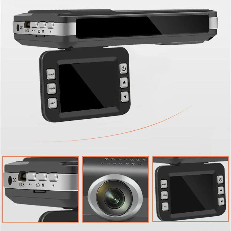 Black vehicle-mounted dash cam with 140-degree wide-angle lens and suction bracket on front windshield