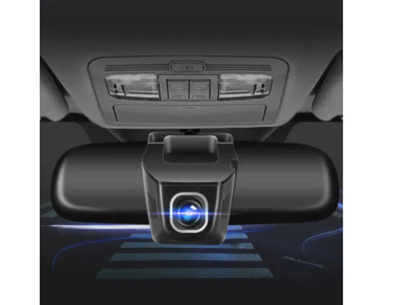 V4 WiFi driving recorder in red colour hidden behind rearview mirror with 140° wide-angle lens