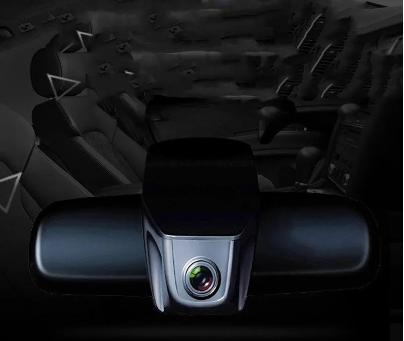 V4 WiFi driving recorder in red colour hidden behind rearview mirror with 140° wide-angle lens