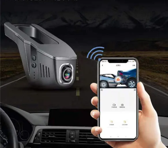 V4 WiFi driving recorder in red colour hidden behind rearview mirror with 140° wide-angle lens