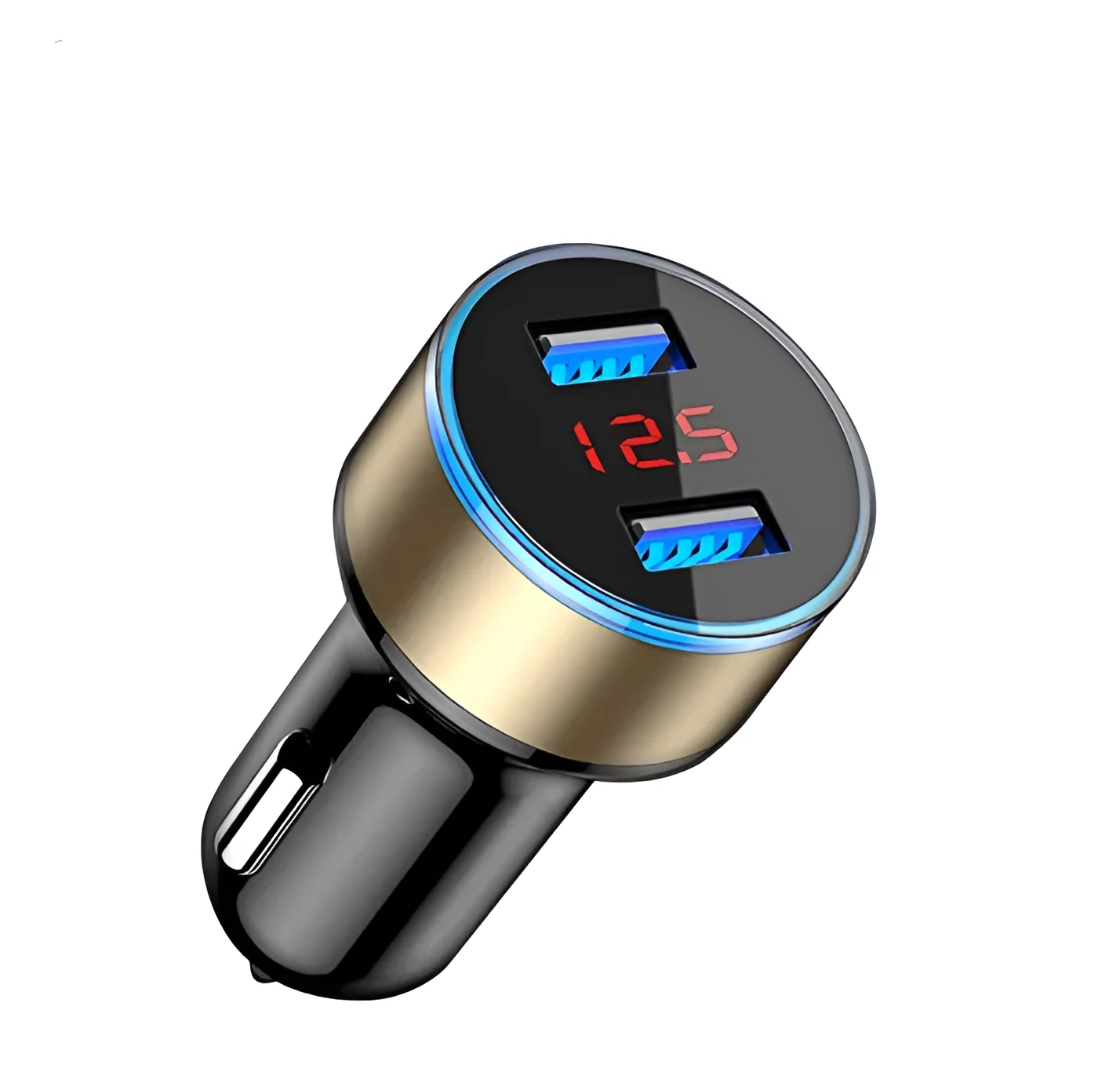 5V 3.1A dual USB car charger with red LED display in black, blue, gold, red, and silver colours