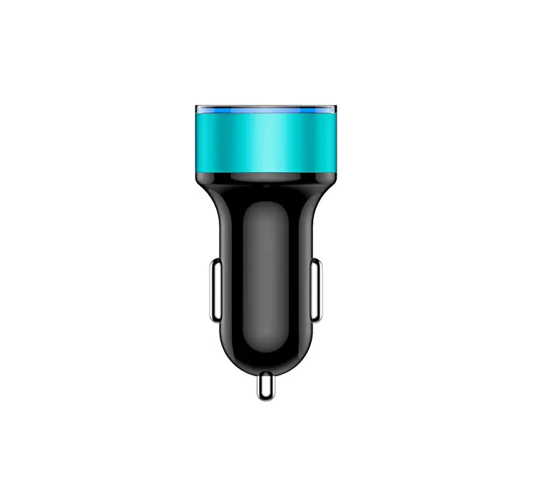 5V 3.1A dual USB car charger with red LED display in black, blue, gold, red, and silver colours