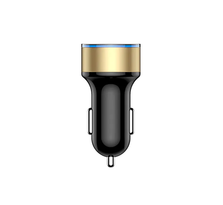 5V 3.1A dual USB car charger with red LED display in black, blue, gold, red, and silver colours