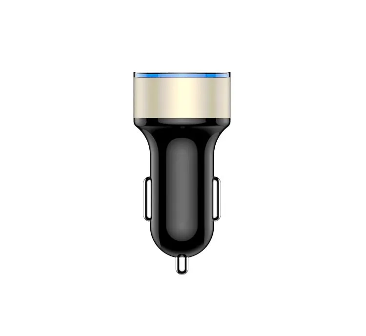 5V 3.1A dual USB car charger with red LED display in black, blue, gold, red, and silver colours