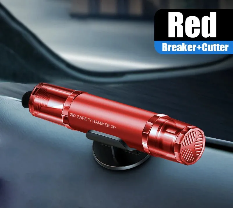 Black and red 2-in-1 car emergency safety hammer with tungsten steel glass breaker tip and seat belt cutter slot