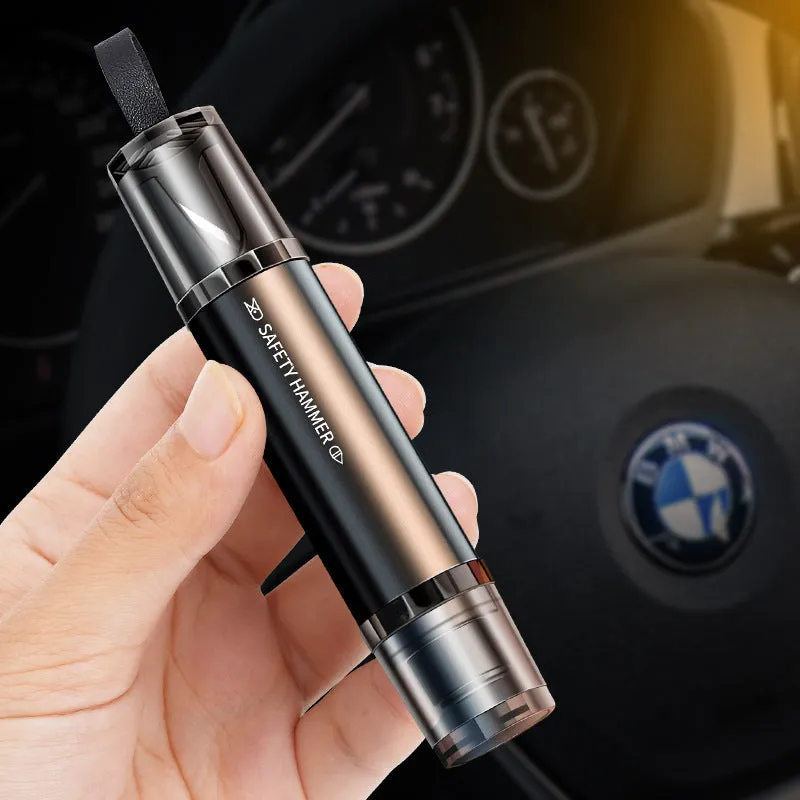 Black and red 2-in-1 car emergency safety hammer with tungsten steel glass breaker tip and seat belt cutter slot